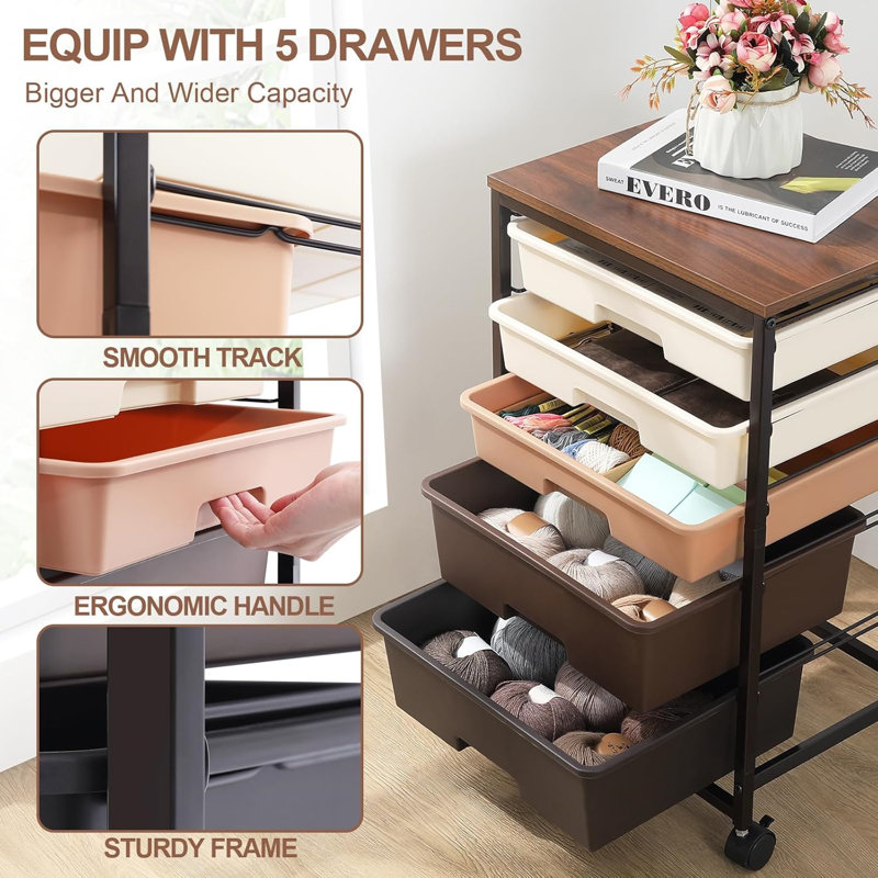 Utility Cart with 5 Drawers,Storage Drawer Cart with Wooden Tabletop and Lockable Wheels,5-Tier Rolling Utility Cart on Wheels