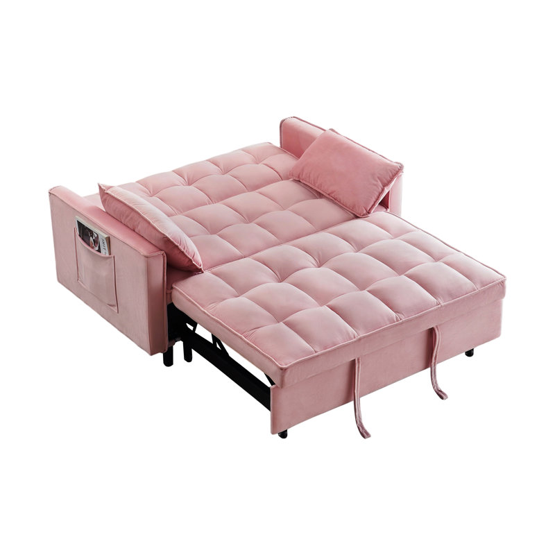 Canapé moderne en velours, canapé-lit convertible 3 en 1, petite causeuse de 55 pouces avec dossier, canapé-lit avec coussin, poches, mobilier de salon, rose