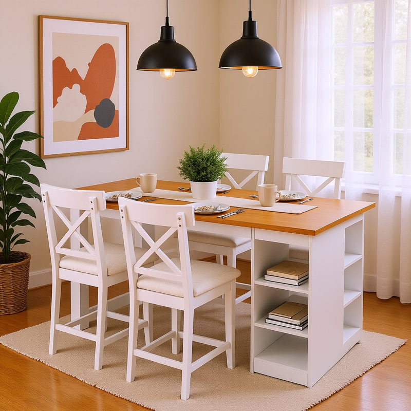 Ensemble de salle à manger à hauteur de comptoir 5 pièces avec tablettes de rangement et chaises rembourrées Farmhouse, Blanc