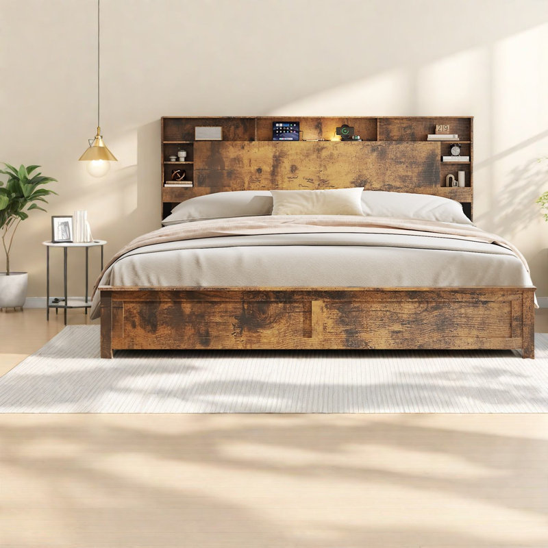 Très grand lit peu encombrant avec rangement, structure en bois et en métal, design moderne