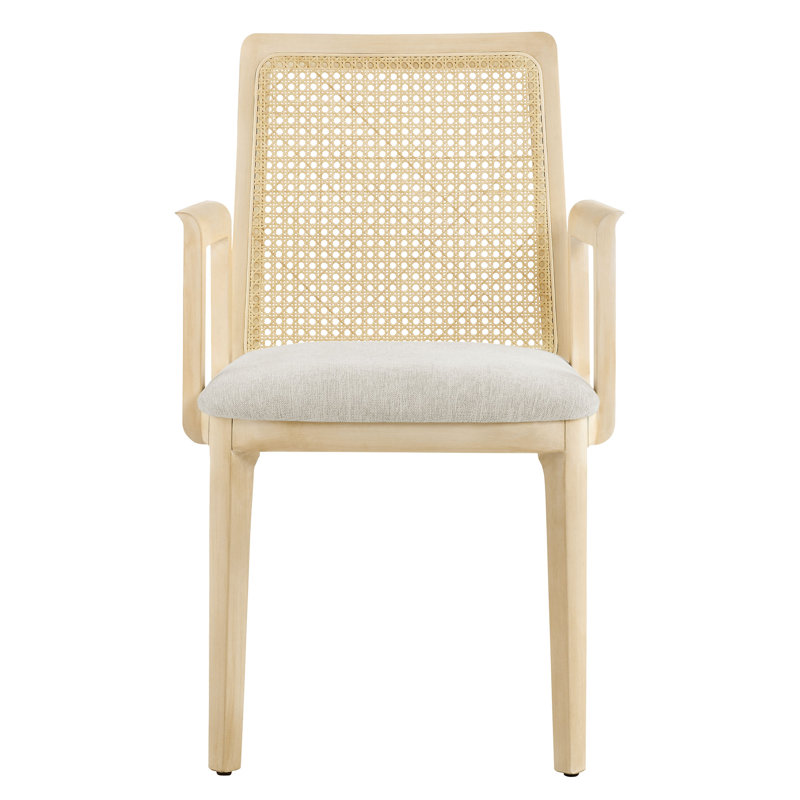Antique White Rattan and Cane Arm Chair with Padded Seat