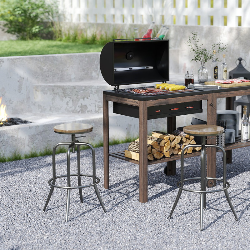 Adjustable Swivel Bar Stools for Outdoor Use, Counter Height with Metal Frame and Wood Seat, Walnut