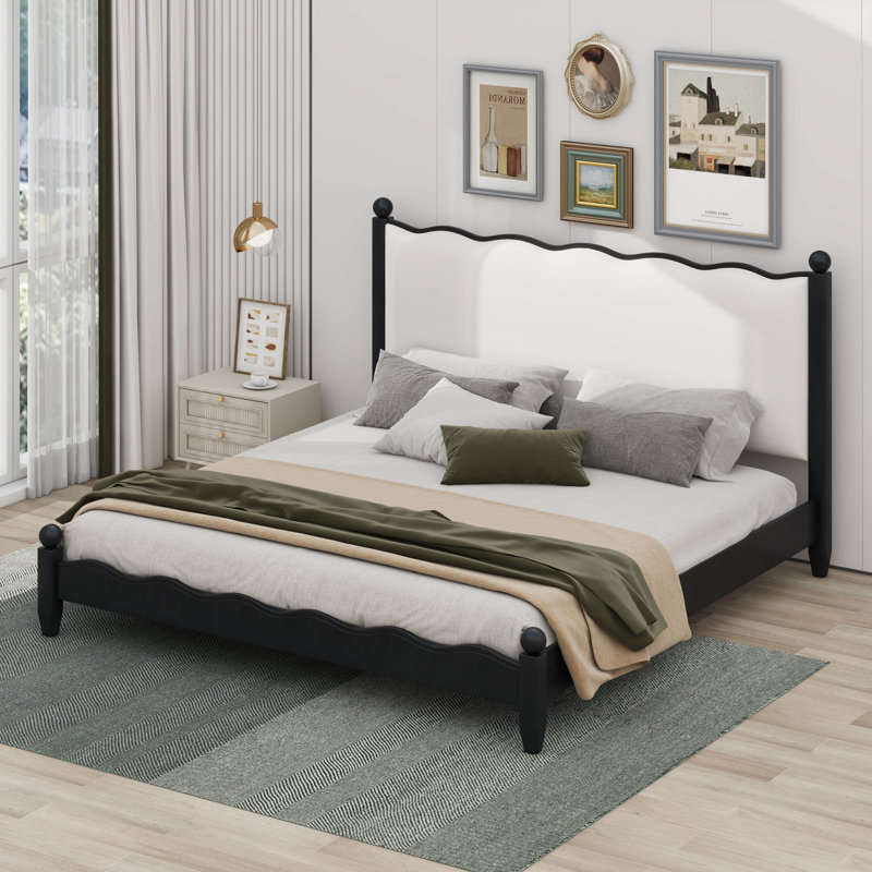 Wood Platform Bed With Upholstered Headboard, Black/Beige, King