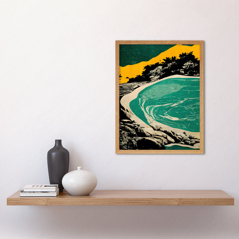 Beach Lagoon Abstract Marbled Seascape - Print, 43cm H x 33cm W x 2cm D, Light Brown Framed Paper
