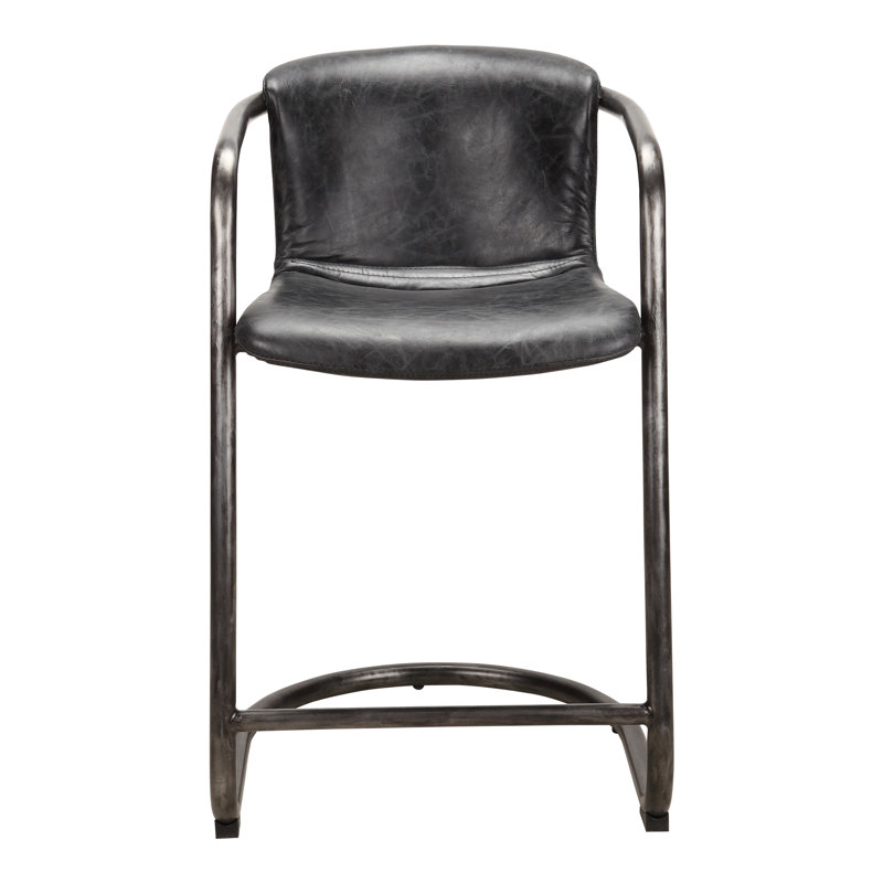 Freeman Bar Stool, Counter Stool (25" Seat Height), Black Genuine Leather