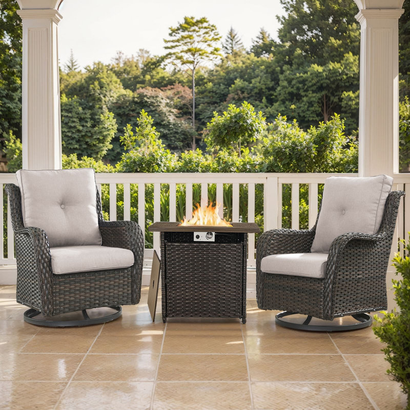 Wendye 3-Piece Outdoor Chair Set With Swivel Chairs & 55K BTU Fire Pit Table, Brown, Beige