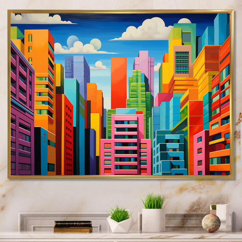 Pop Art Miami Cityscape III, reproduction d'art sur toile, Cadre flottant doré, H 12 po x l 20 po x P 1 po