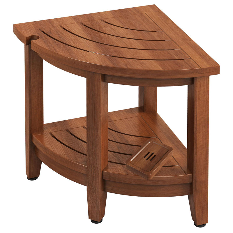 Teak Corner Shower Stool,Teak Shower Bench with Storage Shelf, Adjustable Non-Slip Feet(Walnut), Walnut