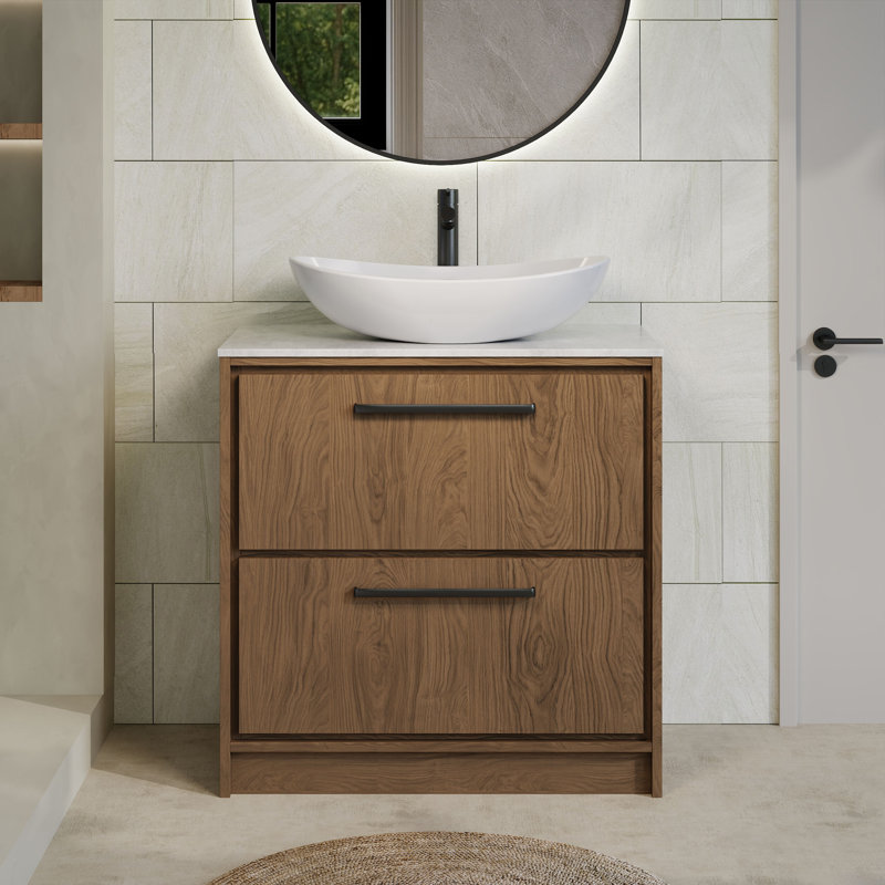 Hudson Reed Lille 600mm Bleached Oak 2 Drawer Floor Standing Vanity Unit With White Marble Worktop, Antique Oak, 81cm W