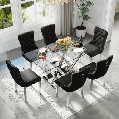 Modern Rectangle Tempered Glass Pedestal Dining Set with Velvet Tufted Dininig Chair
