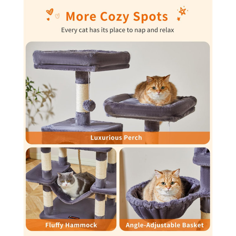 Cat Tree, 71.7-Inch Cat Tower For Indoor Cats, Plush Multi-Level Cat Condo With 13 Scratching Posts, 2 Perches, 2 Caves, Hammock, 2 Pompoms,Smoky Grey MS013LG