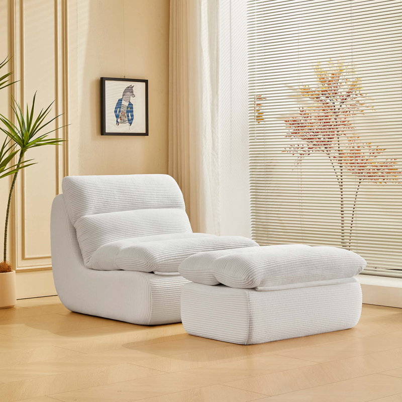 Méridienne moderne compressée avec repose-pieds et fauteuil inclinable en velours côtelé, Beige
