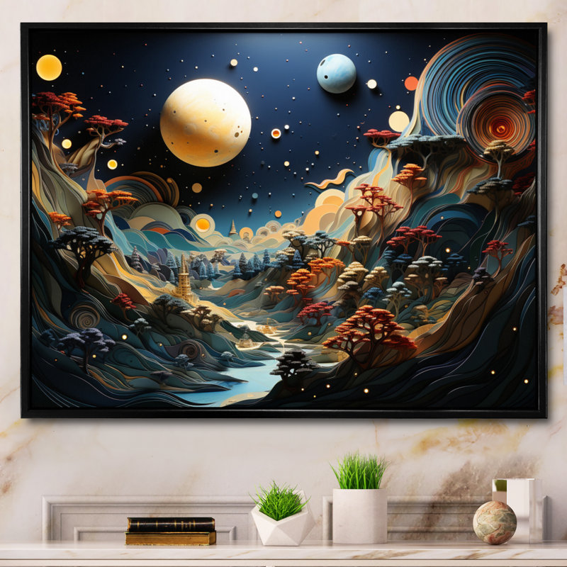 Colourful Planetary Palette I - Space Planet Wall Art Living Room, H 30 po x l 40 po x P 1,5 po, Cadre flottant noir