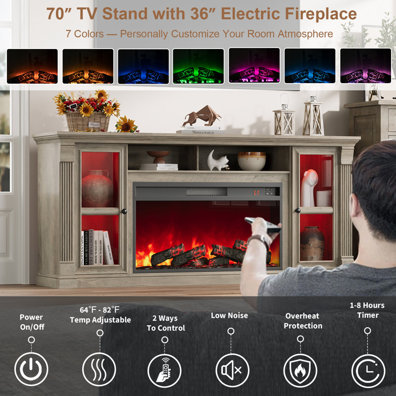 Fireplace TV Stand For TVs Up To 80" With Electric Fireplace Included, Farmhouse TV Console & Entertainment Center, Gray