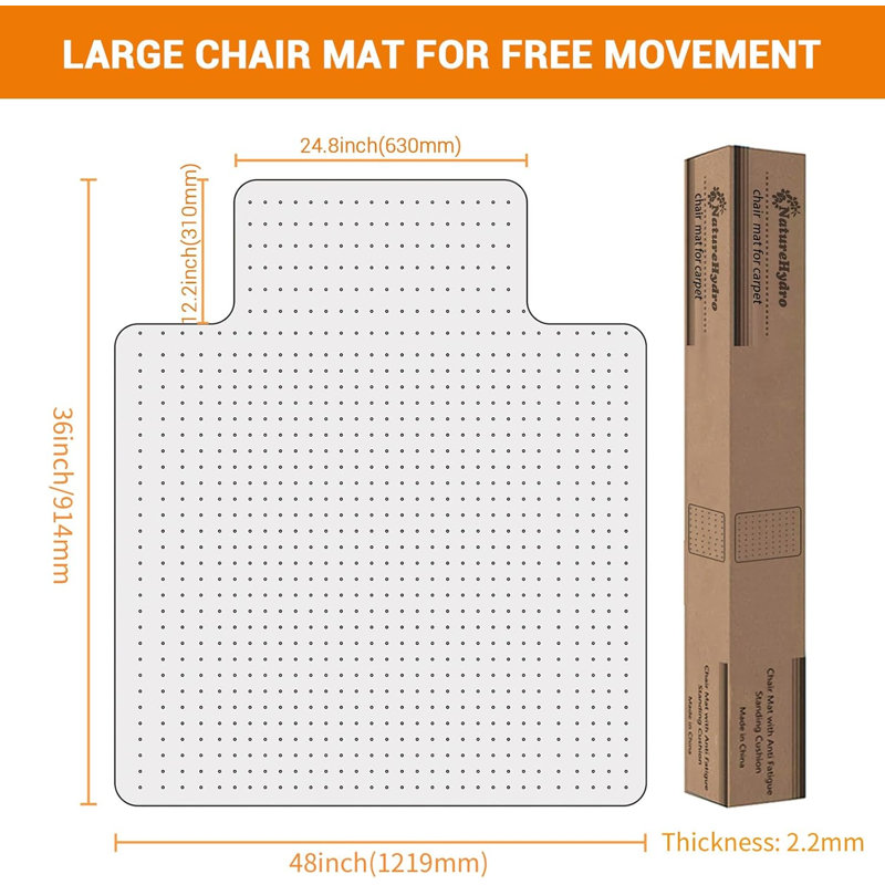 Tapis de chaise robuste 45 po x 53 po / 36 po x 48 po pour tapis - Protecteur de plancher en PET non ondulé avec crampons antidérapants | Tapis de bureau incassable pour planchers durs et tapis à poils moyens (transparent)