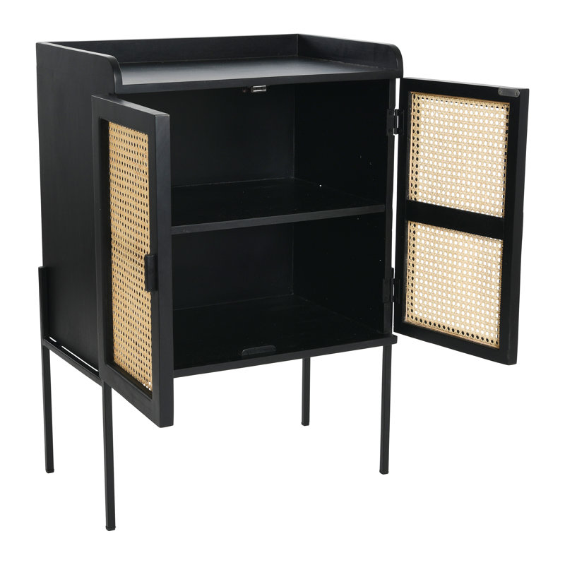 Solid Wood Bar Cabinet with Metal Legs and Woven Cane Doors, Black