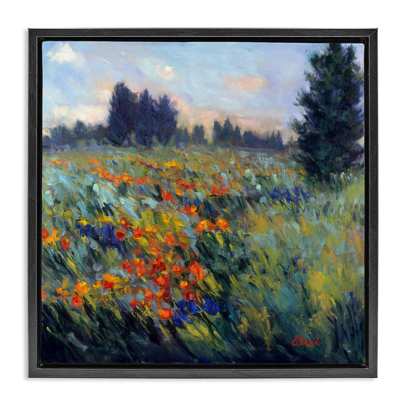 Paysage de pré de fleurs, Cadre flottant noir de jais, H 25 po x l 25 po