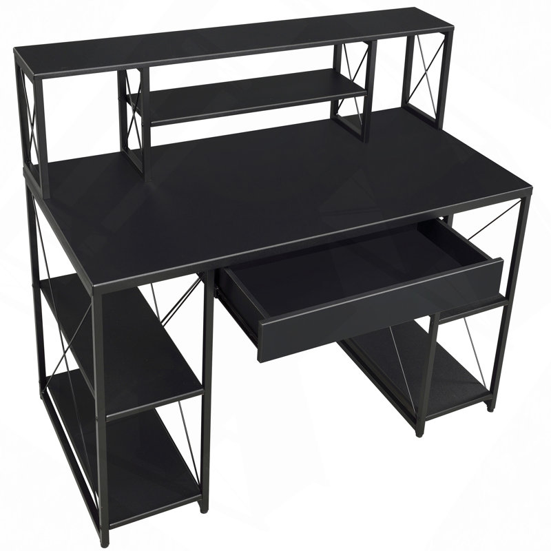 Bureau, bureau avec tablettes ouvertes et huche, Noir / Noir