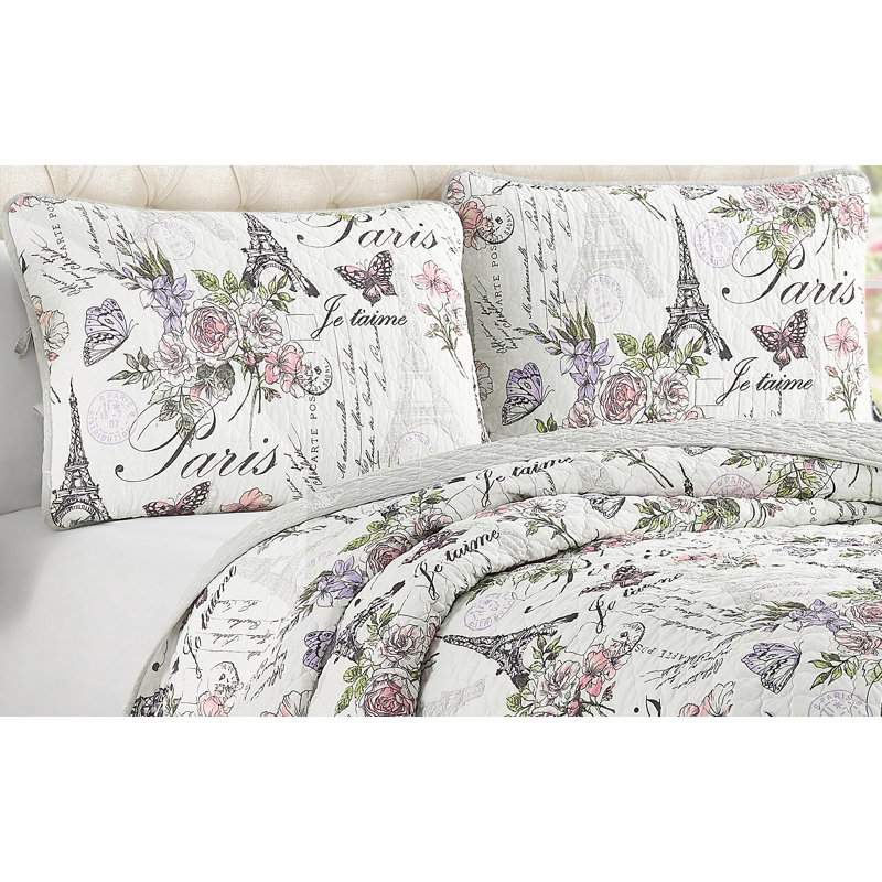 Paris Floral Gray Cotton Full Reversible Quilt Set