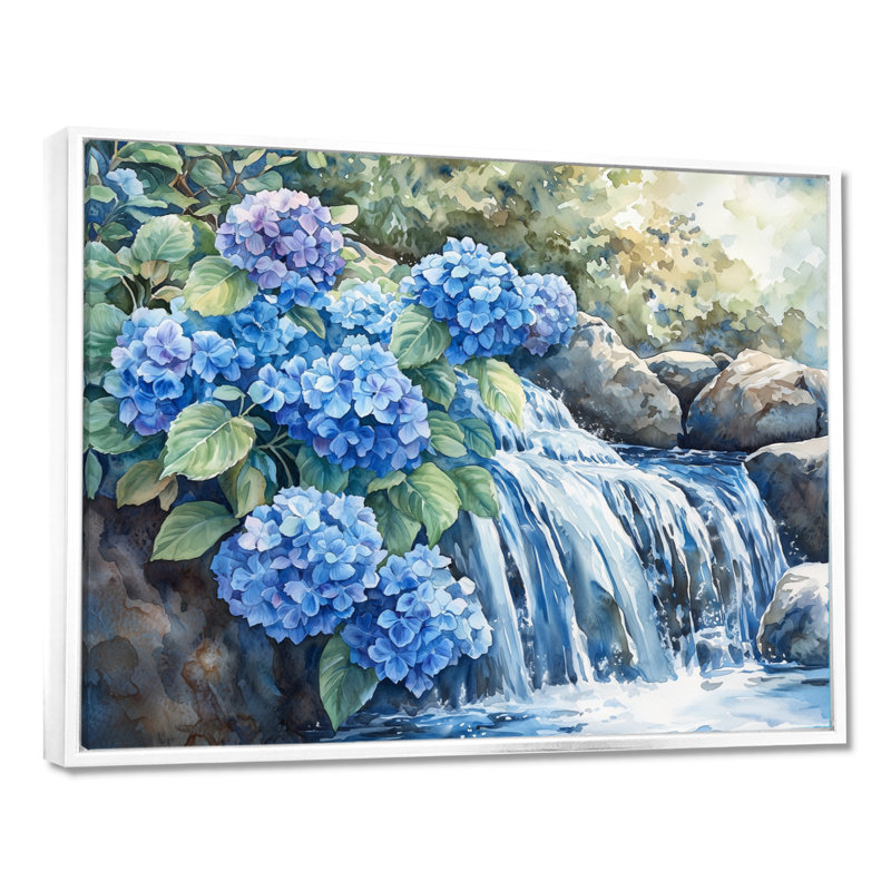 «Ilyena Hydrangeas By The Waterfall II», art mural hortensias, H 16 po x l 32 po, Blanc, Picture Framed