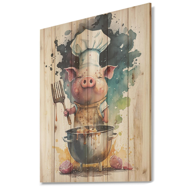 Joli cochon avec toque I - impression sans cadre sur bois, H 20 po x l 12 po x P 1 po