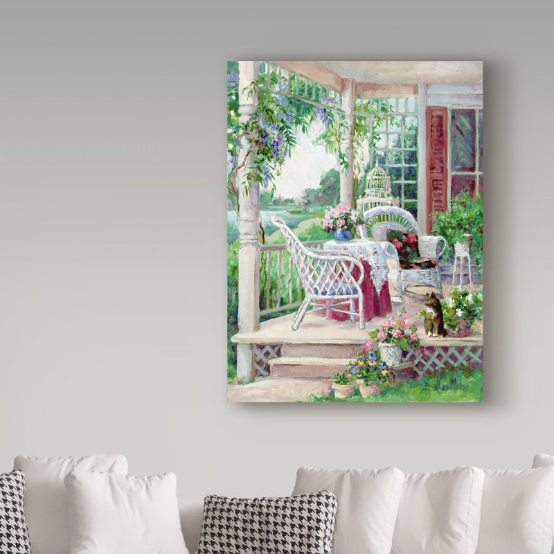 « après-midi on the veranda », reproduction de peinture à l’acrylique sur toile tendue, H 19 po x l 14 po x P 2 po
