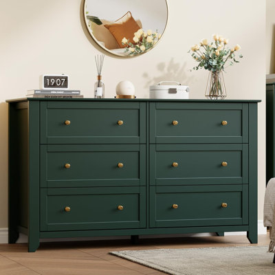 Green 6 Drawer Dresser for Bedroom, 54" Wide Dresser with Deep Drawers & Metal Knobs, Modern Large Wooden Chests of Drawers for Entryway, Hallway