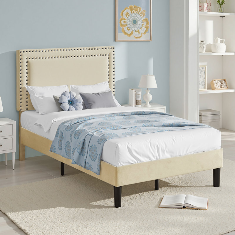 Aldora 2 Pack Beige Twin Upholstered Platform Bed Frame with Tufted Adjustable Headboard,Noise-Free Twin Size Bed with 8 Inch Under-Bed Storage