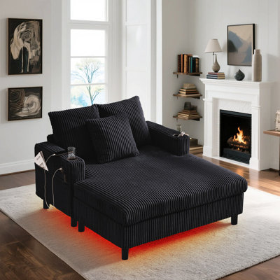 Oversized Corduroy Chaise Lounge with RGB LED Strip, USB Ports, Cup Holders & Side Pocket