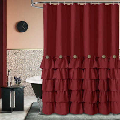 Fabric Shower Curtain with 12 Hooks - 72X72 inches, Ruffle Design for Bathroom Decor, Unique Button Detailing