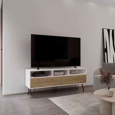Meuble télé 54 po à deux portes avec portes coulissantes, trois tablettes, gestion des câbles blanc - chêne naturel