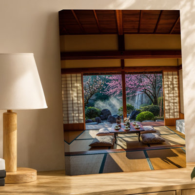 Toile, un salon de thé japonais serein comprend une table basse en bois avec tasses à thé délicates et un petit vase pour toile