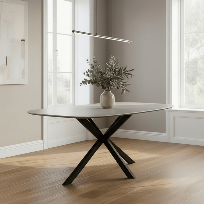 Gemala Modern Grey Dining Table with Black Crossed Metal Legs, 76cm H x 160cm W x 90cm D