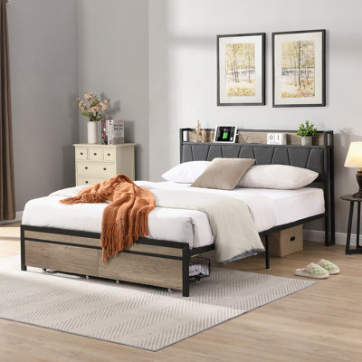 Base de lit plateforme avec tête de lit avec rangement, doublure USB et tiroirs