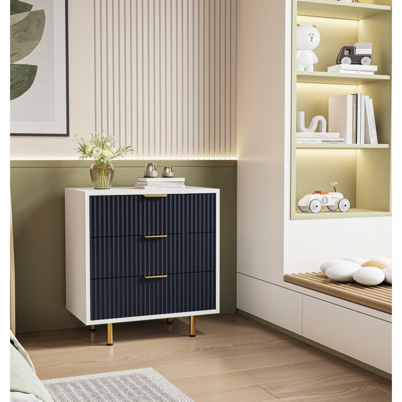 Commode moderne à 3 tiroirs, chambre à coucher, salon, tiroirs faciles à ouvrir, commode en métal blanche et bleue avec pieds cannelés, structure stable