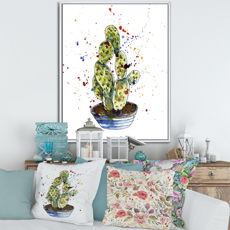 Cactus Houseplant - reproduction sur toile avec cadre flottant, H 40 po x l 30 po x 1,5 po, Cadre blanc