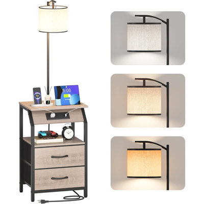 Table d'appoint avec lampadaire, table de chevet avec station de recharge, ampoule à 3 températures de couleur, table d'appoint à 2 tiroirs, gris beige