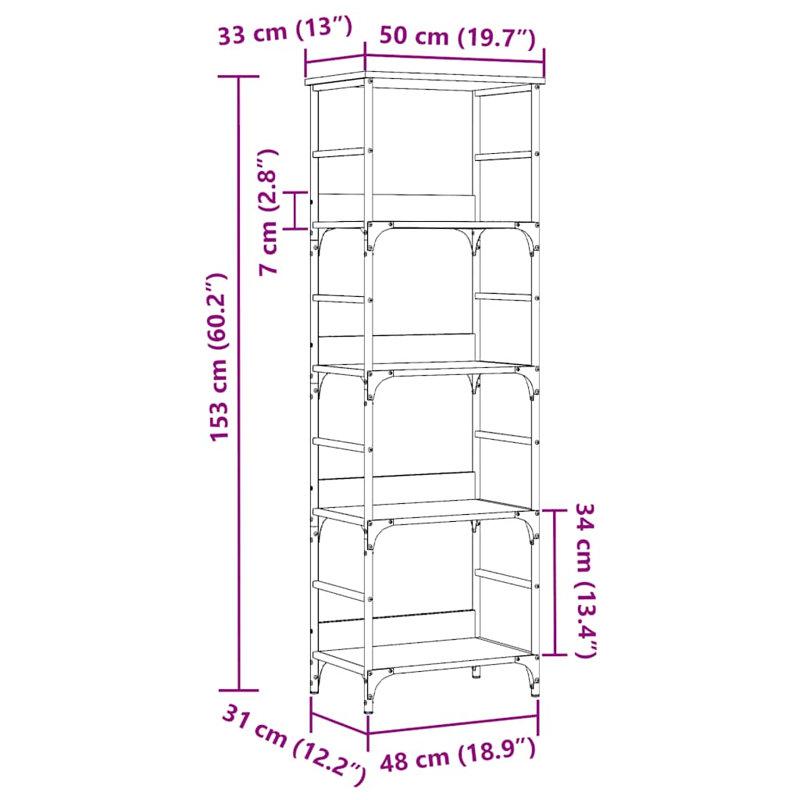 Holweg 50cm W Steel Standard Bookcase, Old Wood, (4 Shelves) 153 cm H x 50 cm W x 33 cm D