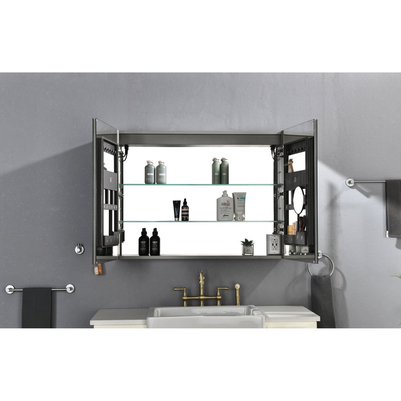 Pharmacie à DEL avec variateur d'intensité, miroir grossissant 3X, tablettes réglables, prises intégrées pour le chargement des appareils, fonctionnalité, interrupteur,