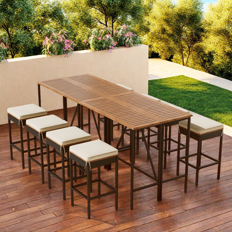 10-piece Outdoor Dining Table Sets Included 2 Foldable Tables And Eight Stools With Cushions