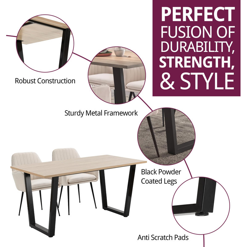 80cm Rectangular Dining Set with Upholstered Chairs, 77cm H x 150cm W x 80cm D, 7 Pieces: Table, 6 Chairs, Beige