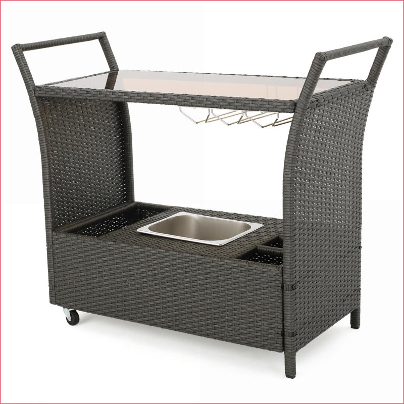 Chariot-bar avec roues, rangement et amp; Seau à glace | Gris | Rotin + verre