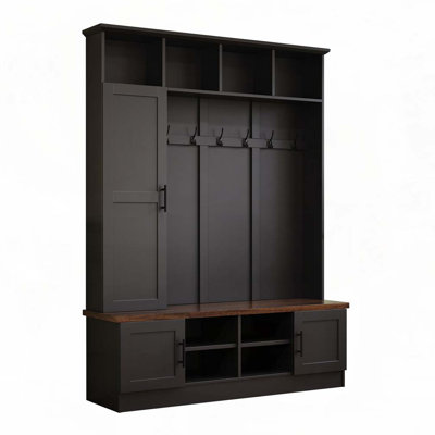 55.1"W Hall Tree with 6 Hooks,Storage Bench with Adjustable Shelves
