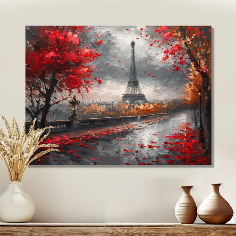 Photo Tour Eiffel rouge et grise magique à Paris I - City Paris Wall Art Living Room, Toile tendue, H 34 po x l 44 po