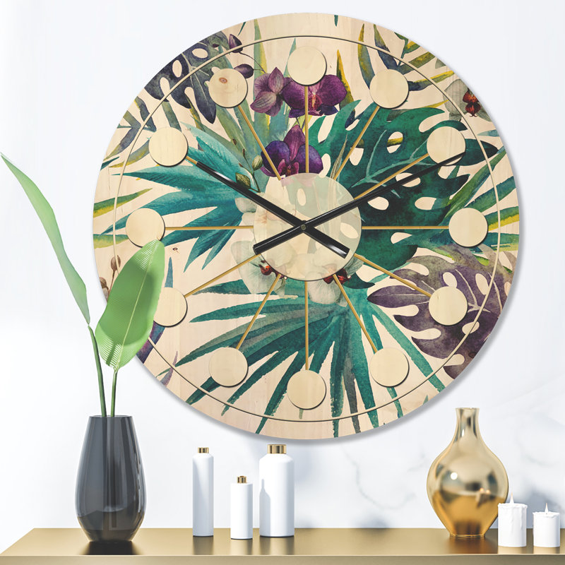 Horloge murale en bois Floral Botanical Design II, Moyen