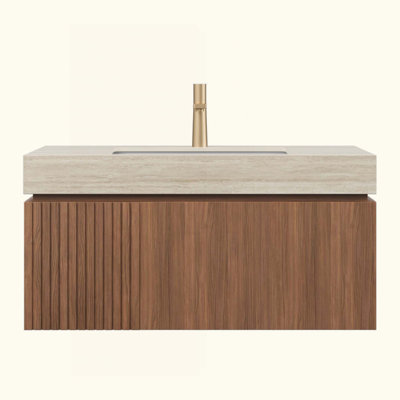 Meuble-lavabo suspendu avec comptoir en pierre frittée, lavabo en céramique, armoire de rangement en contreplaqué avec tiroir et porte, meuble-lavabo mural préassemblé