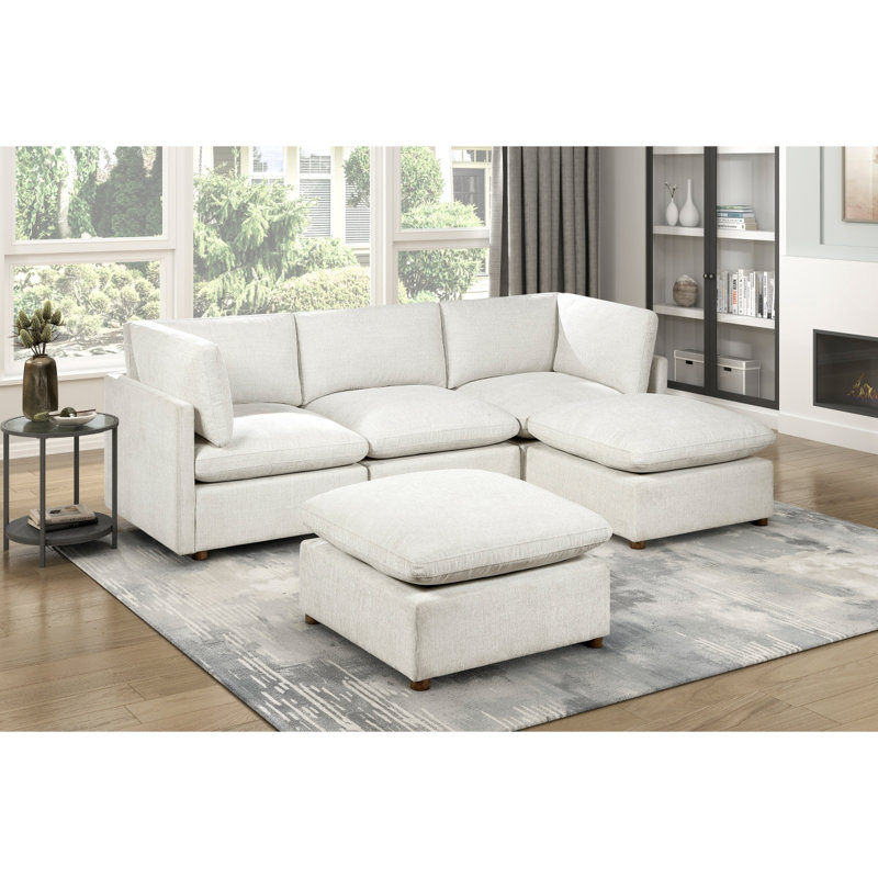 Mobilier de salon modulaire 5 pièces moderne avec deux repose-pieds rembourrés en tissu beige, 34.5" H x 103.5" W x 67.5" D