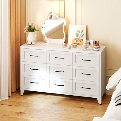 Commode à 9 tiroirs à profil métallique avec glissières silencieuses, fini blanc