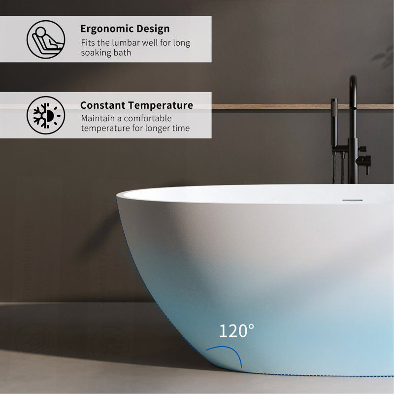 59'' Solid Surface Matte Tub, Solid Surface Soaking Tub, Stone Resin Freestanding Bathtub, Thick Edge Stand Alone Tubs With Overflow, Pop-Up Drain, Matte White (Oval)