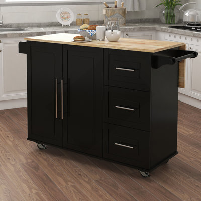 Îlot de cuisine avec porte-épices, porte-serviettes et table extensible en bois massif